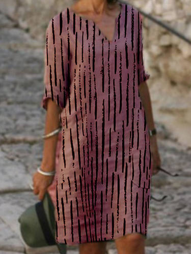 Women'S Chiffon Dress Knee Length Dress Blushing Pink Beige Half Sleeve Striped Fall Round Neck Hot Elegant