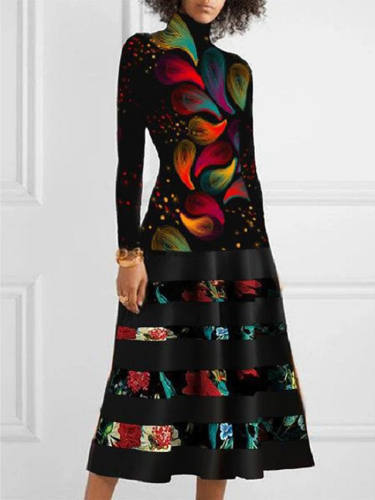 Women'S A Line Dress Midi Dress Black Red Long Sleeve Solid Color Geometric Patchwork Print Fall Winter Turtleneck Elegant Casual