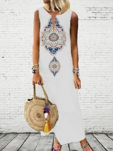 Women'S A Line Dress Maxi Long Dress Black Yellow Gray Sleeveless Print Summer V Neck Casual Mumu