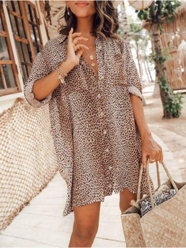 Women'S A Line Dress Short Mini Dress Khaki 3/4 Length Sleeve Leopard Button Print Summer Shirt Collar Casual