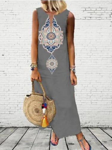 Women'S A Line Dress Maxi Long Dress Black Yellow Gray Sleeveless Print Summer V Neck Casual Mumu