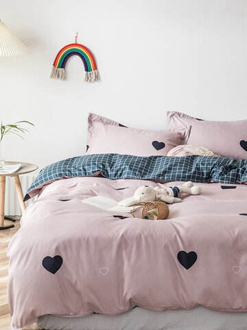 3/4 Pcs Plaid Printing AB Sided Aloe Cotton Bedding Set Comfortable Fabrics Sheet Duvet Cover Pillowcase
