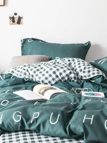 3/4 Pcs Letters And Plaid Print AB Sided Aloe Cotton Comfy Bedding Set Sheet Duvet Cover Pillowcase