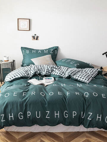 3/4 Pcs Letters And Plaid Print AB Sided Aloe Cotton Comfy Bedding Set Sheet Duvet Cover Pillowcase
