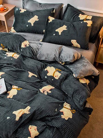 4 Pcs AB Sided Cartoon Graphic Print Velvet Comfy Bedding Set Sheet Duvet Cover Pillowcase