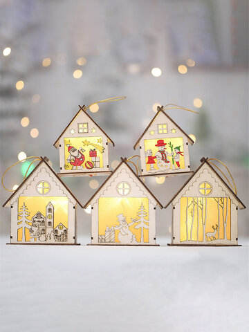 Wooden Santa Claus Snowman Elk Night Light Christmas Gift Hanging Wood-made Mini House