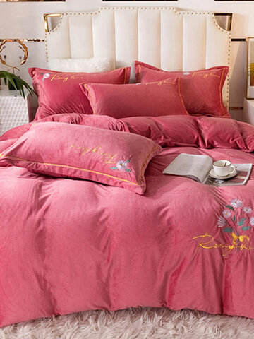 4 Pcs Floral Overlay Print Plain Color Velvet Comfy Bedding Set Sheet Duvet Cover Pillowcase