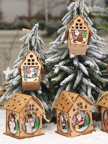 1Pc Christmas Wooden Christmas Lighted Wooden Cabin Creative Assembly Small House Decoration Luminous Colored Cabin