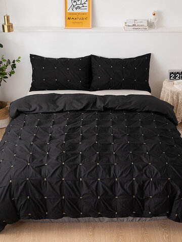 2/3 Pcs AB Sided Plain Color Checked Pattern Comfy Bedding Set Sheet Duvet Cover Pillowcase