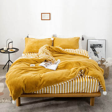 4Pcs Thicken Warm Plush Bedding Set Lattice Striped Style Bedding Extra King Duvet Cover Pillowcases
