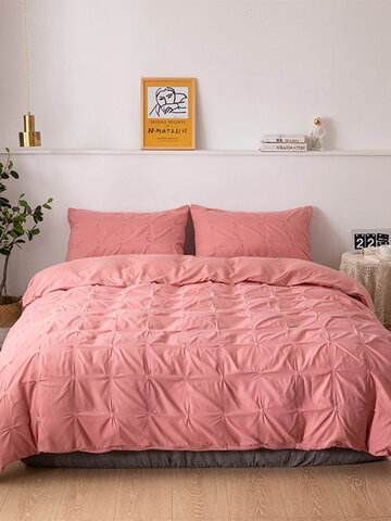 2/3 Pcs AB Sided Plain Color Checked Pattern Comfy Bedding Set Sheet Duvet Cover Pillowcase