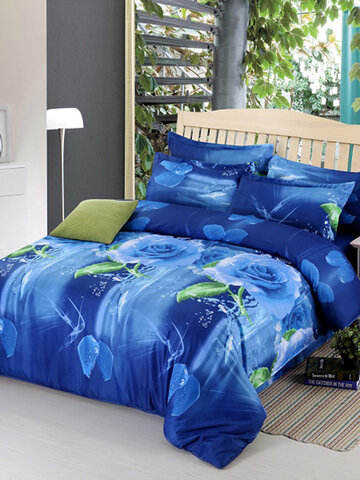 4pcs Suit Polyester Fiber 3D Blue Rose Flower Reactive Dyeing Bedding Sets Queen Size