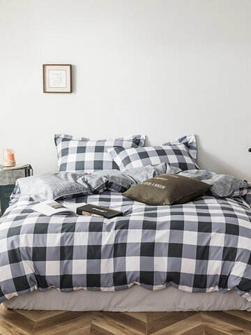 3/4 Pcs Plaid Double-Sided Aloe Cotton Bedding Skin-Friendly Soft Sheet Quilt Cover Pillowcase
