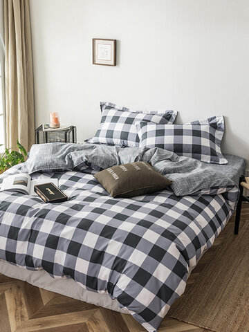 3/4 Pcs Plaid Double-Sided Aloe Cotton Bedding Skin-Friendly Soft Sheet Quilt Cover Pillowcase