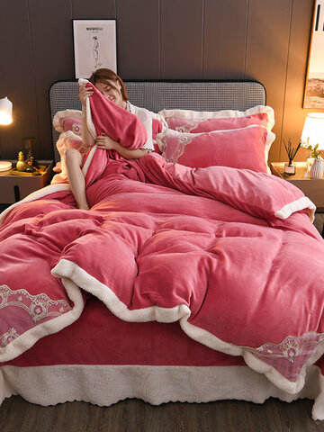 3/4Pcs Double-sided Milk Fleece Plain Color Coral Fleece Comfy Bedding Set Sheet Duvet Cover Pillowcase