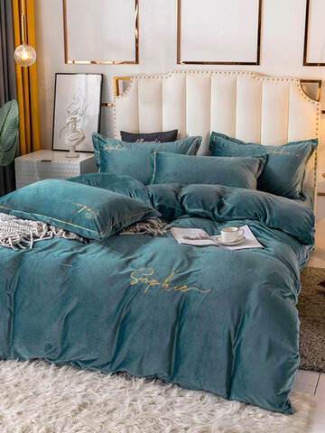 4 Pcs Floral Overlay Print Plain Color Velvet Comfy Bedding Set Sheet Duvet Cover Pillowcase