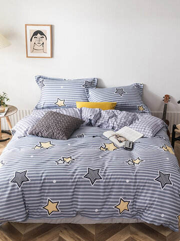 3/4 Pcs Stripe And Plaid AB Sided Aloe Cotton Bedding Set Comfortable Fabrics Sheet Duvet Cover Pillowcase