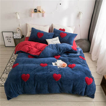 3/4Pcs Heart Pattern Red White Blue Duvet Cover Set King Queen Twin Size Plush Heavyweigh Warm Winter Bedding Set Comforter Cover Sheet