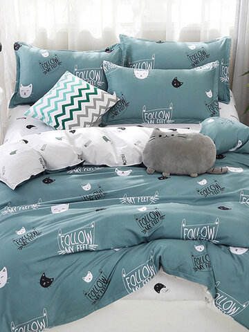 4Pcs Summer Cooling Washed Polyester Cotton Bedding Sets Qulited Duvet Cover Blanket
