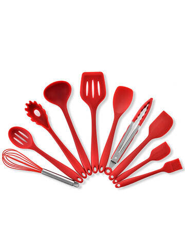 10pcs/Set Kitchen Cooking Tool Professional Silicone Red/Black Shovel Spoon Clip Package