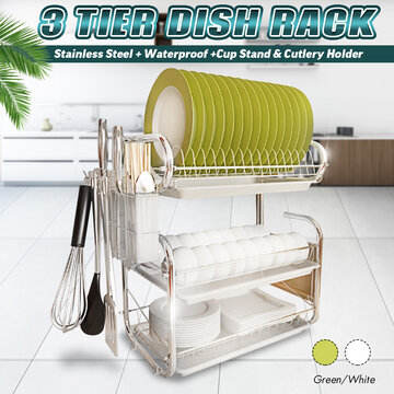3 Tier Dish Drainer Drying Rack Holder Stainless Steel Home Kitchen Washing Storage Counter Organizer Space-Saving Shelf With Utensil Holder/Drain Board/Cutting Board Bracket