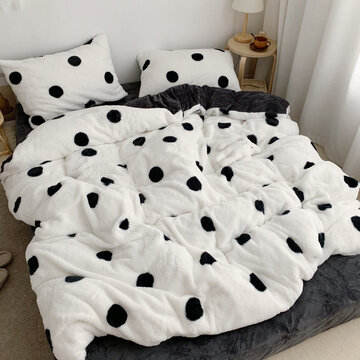 4Pcs Pure Color Dot Thicken Quilt Cover Coral Fleece Warm Sheet Velvet Bedding