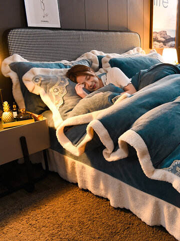 3/4Pcs Double-sided Milk Fleece Plain Color Coral Fleece Comfy Bedding Set Sheet Duvet Cover Pillowcase