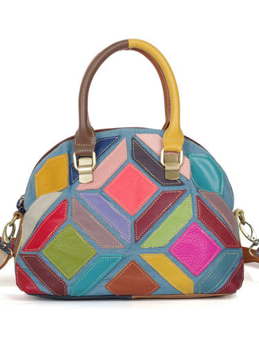 Cross-Border New Leather Women'S Bag, Casual Denim Color Cowhide Color Handmade Contrast Color One-Shoulder Handbag