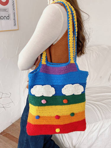 Women Rainbow Stripe Cartoon Cute Casual Youth Wool Knitted Bag Handbag Tote Crossbody Bag