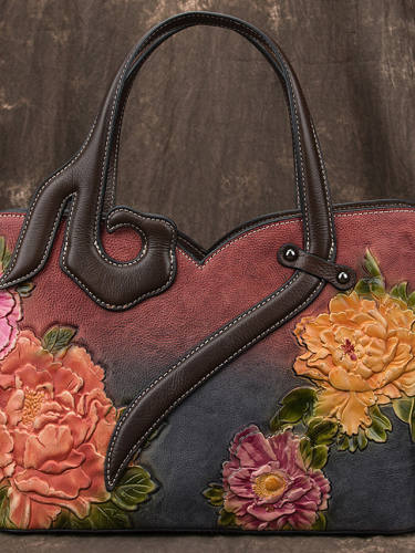 Tote Handbags For Women Genuine Leather Embossing Floral Pattern Painted Crossbody Shoulder Bags Bat003-A