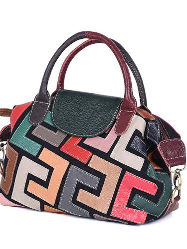 New Handbags, Leather, Cowhide, Color Stitching Pattern, Handbag, Button Cover, Soft, Street Fashion Bag, Cross-Border Style