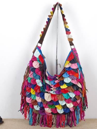 Factory Wholesale Agent Genuine Leather Sheepskin Characteristic Soft Multi-Color Pattern Tassel Bag Shoulder Messenger Female Bag Black Color