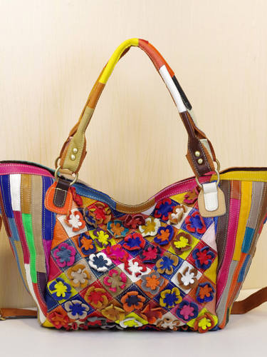 Fashion New Leather Handbags Cowhide Colorful Flowers Hit Color Personality Big Bags Handmade Trendy Bags Messenger Casual Women'S Bags