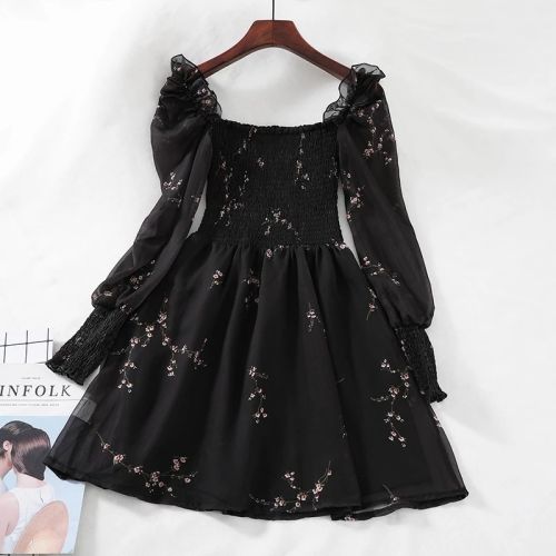 Autumn Womens Sexy Black Dress Vintage Flower Long Puff Sleeve Chiffon Dresses Korean Casual Mini
