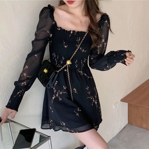 Autumn Womens Sexy Black Dress Vintage Flower Long Puff Sleeve Chiffon Dresses Korean Casual Mini