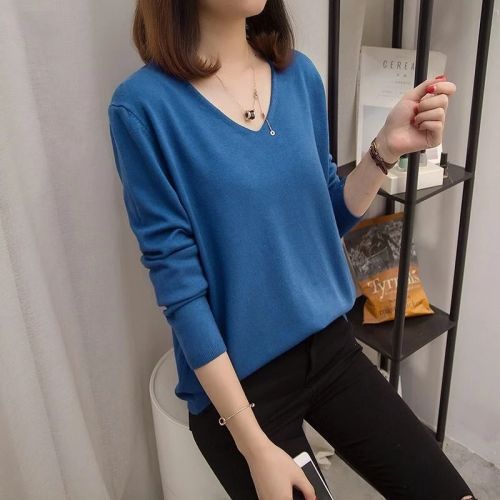 Casual Aesthetic Loose Plain Clothes Pulovers V-Neck Long Sleeve Women's T-shirts Thin Fashion Korean Tops Autumn Knitting Shirt