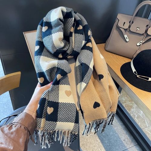 Women Knitted Heart-pattern Plaid Scarf Lovey Girl Winter Warm Scarves College Leisure Shawl Wraps