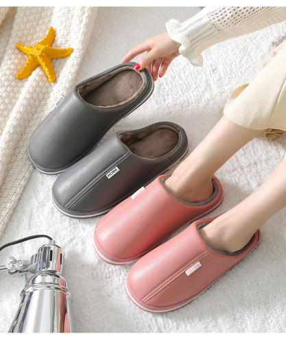 Women Home Slippers Pu Leather Waterproof Winter Warm Slides Men Slipper Couples Shoes New Fashion Casual Furry Plush Footwear