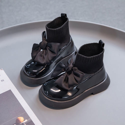Girl's Sock Boots Chunky Big Bowtie Elegant Cute Children Short Boot Patent Leather Winter 26-36 Fashion Ship-on Kids Shoes