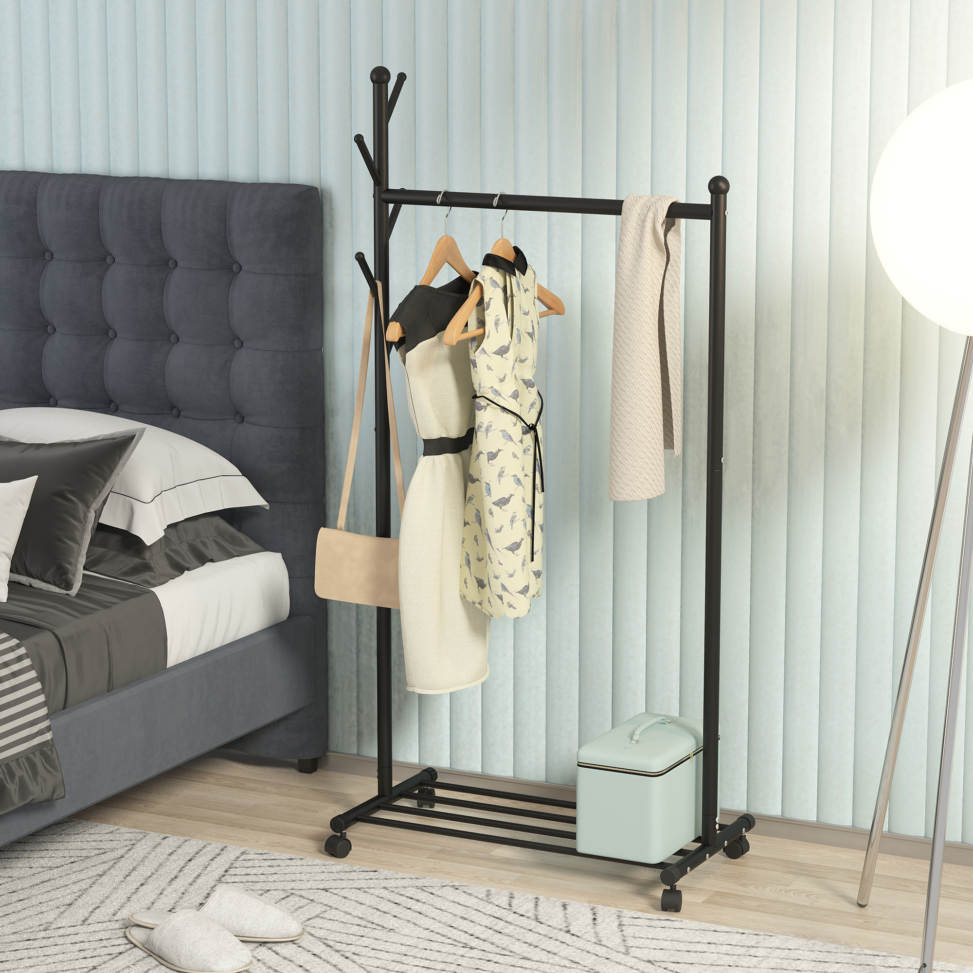 Metal Garment Rack with Shelf and Wheels