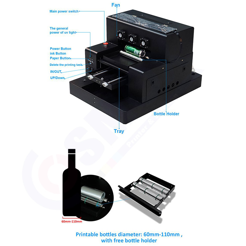 HRM, UV Printer A4 Size Flatbed with 2500 ml Ink for Bottle, Phone Case, Lighter, TPU, PVC, Metal, Wood Varnish Soft