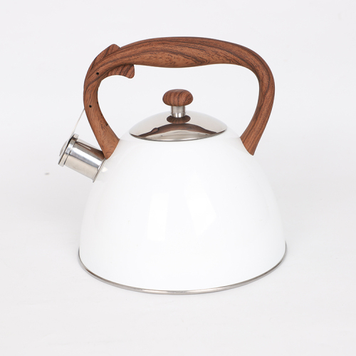 White Stainless Steel Whistling Kettle With Wooden Patern Handle 3.0L