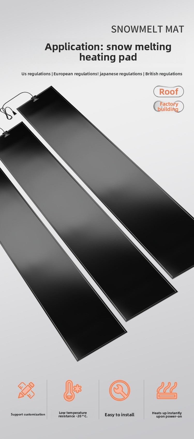 Graphene Heated Snow Melting Mat — Flexible Outdoor De-Icing Pad for Roof, Factory Walkway, Stairs & Steps; Non-Slip Anti-Ice Heating Blanket