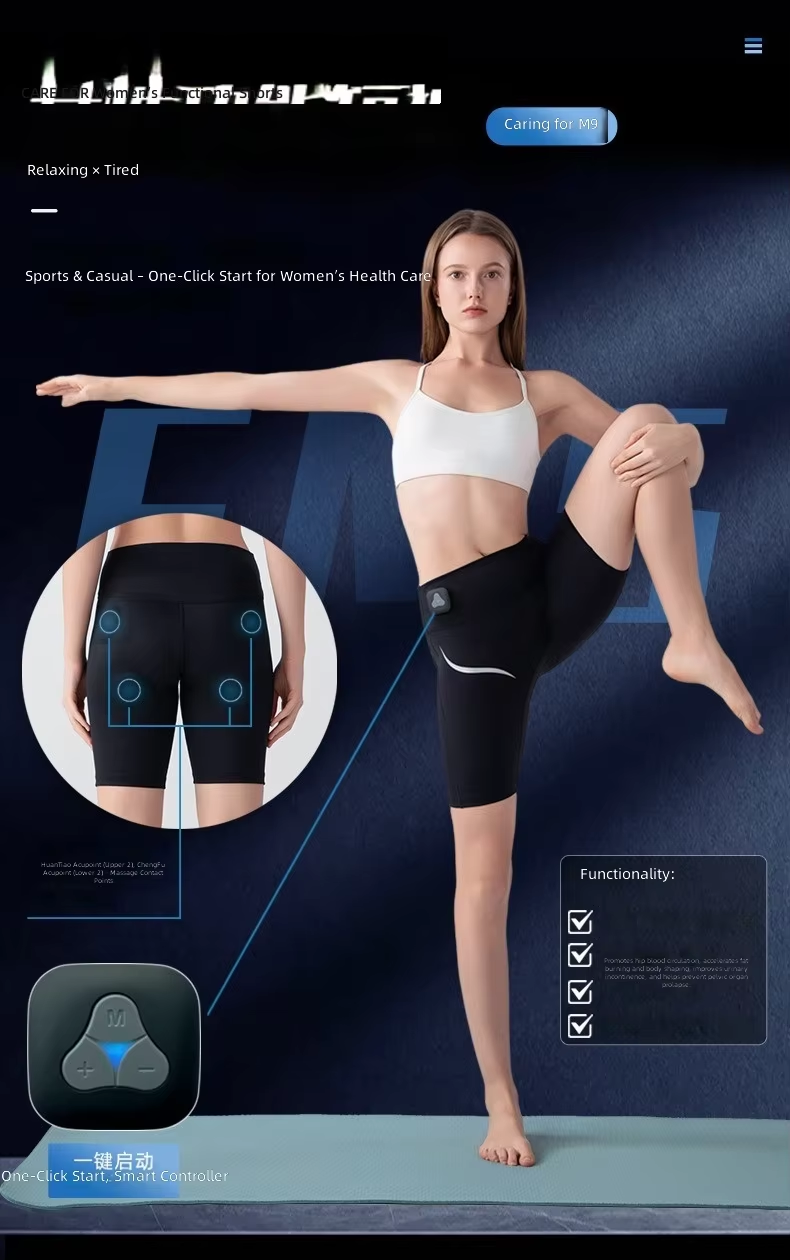 Wireless EMS Hip Massage Shorts for Women, 4-Point Pulse + Hip Hot Compress, Huantiao Chengfu Acupoints, Fitness Shorts