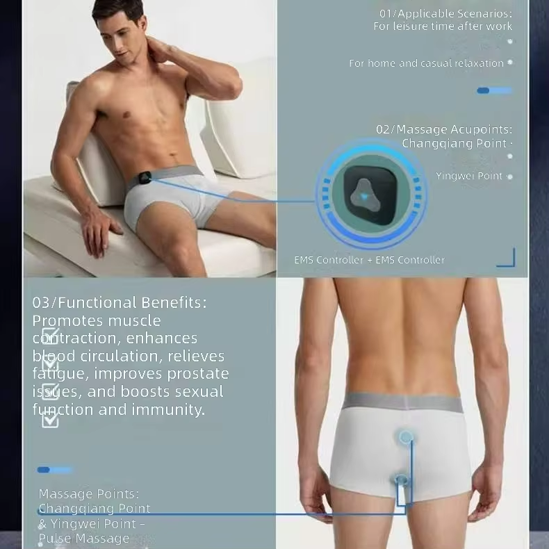 Men's EMS Pulse Massage Underwear, Energy Stone Acupoint Care Boxer Briefs, Changqiang Yingwei Points, Detachable Controller