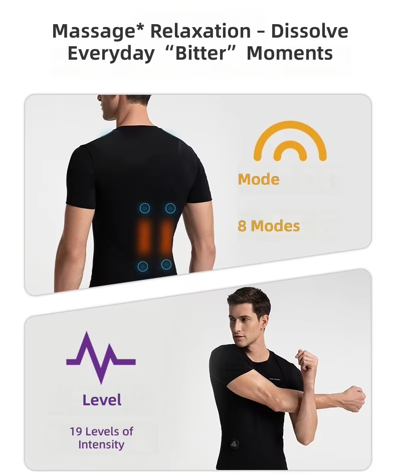 EMS Hot Compress Massage T-Shirt for Men, 8 Modes 19 Levels, Waist Back Pulse Heating Fitness Shirt