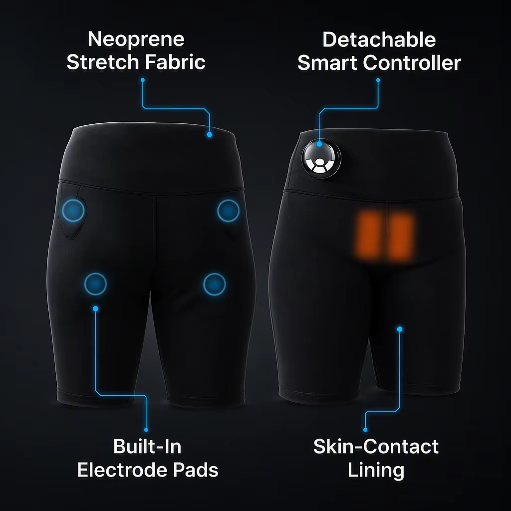 Wireless EMS Hip Massage Shorts for Women, 4-Point Pulse + Hip Hot Compress, Huantiao Chengfu Acupoints, Fitness Shorts
