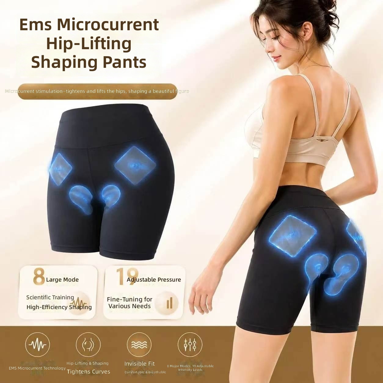 EMS Microcurrent Hip-Lifting Shorts - 8 Modes, 19 Intensity Levels, Breathable Fabric for Shaping & Toning