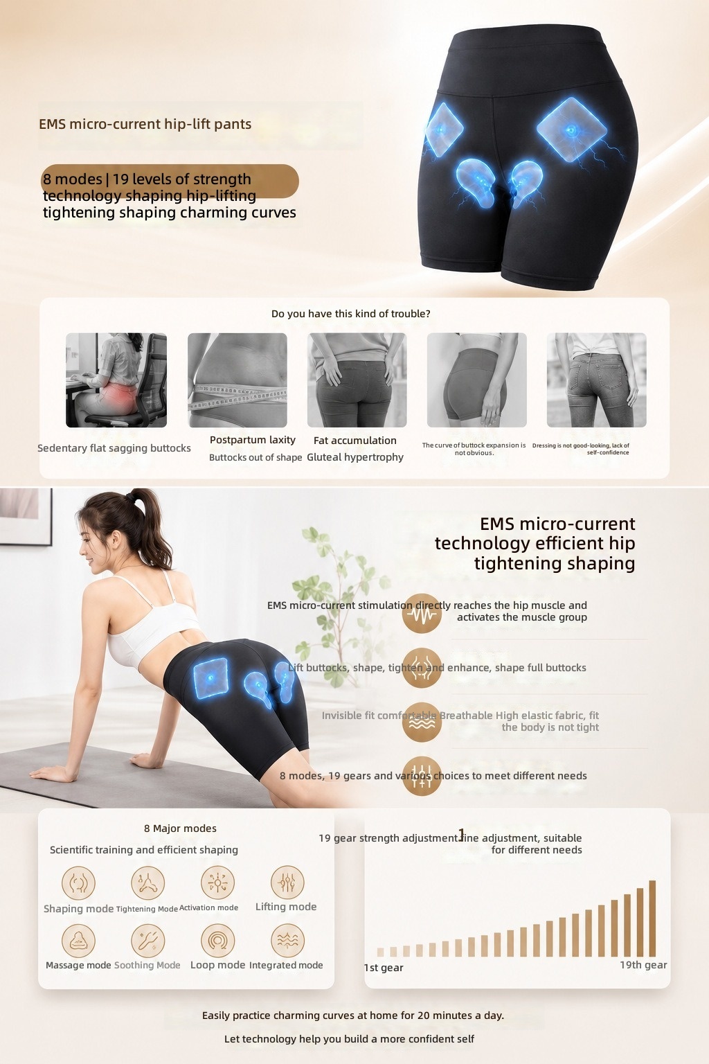 EMS Microcurrent Hip-Lifting Shorts - 8 Modes, 19 Intensity Levels, Breathable Fabric for Shaping & Toning