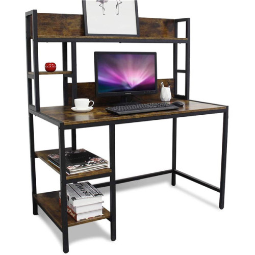 computer desk with many stocking shelf